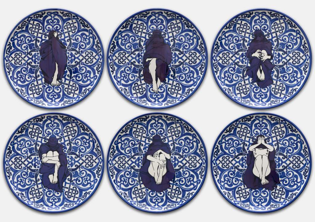 Dana Widawski · Wrapped Woman – Pizzateller I–VI, 2/5 · 2018 · Telleredition 5/5 · Unterglasurmalerei auf Keramik 